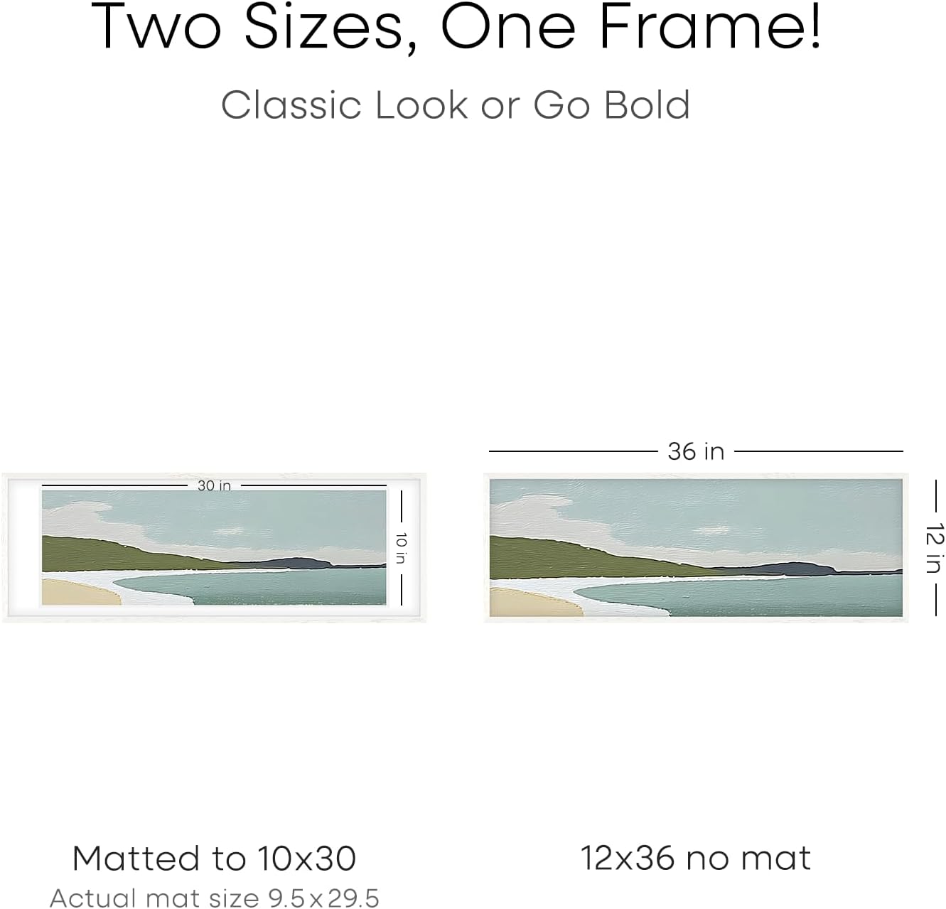 Homeforia 12x36 White Picture Frame, High End Oak 12x36 Wood Poster Frames with Mat 10x30 Art, 12 x 36 White Wooden Frames Matted to 10 by 30, 36x12 Panoramic Frame, Tempered Glass, Wall Kit, Set of 1