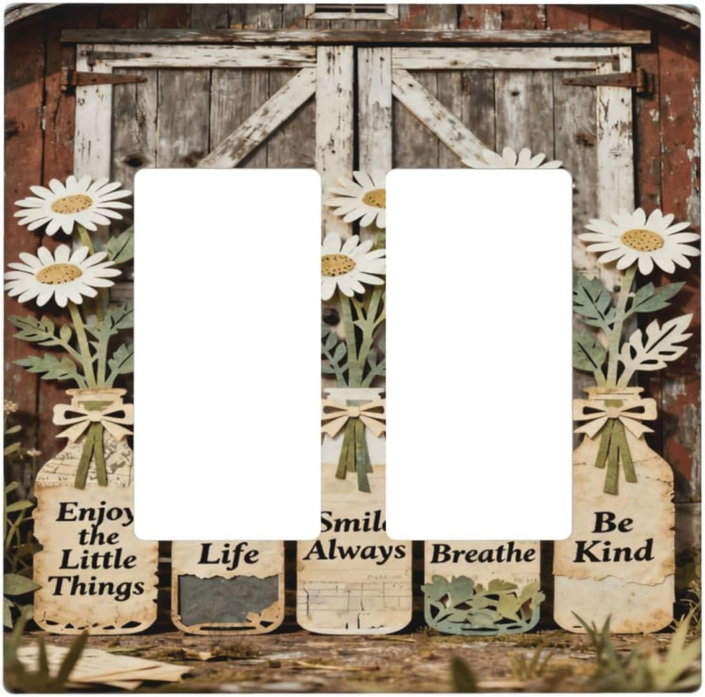 Rustic Daisy Barn Door Flowers 2 Gang Double Rocker Decorative Light Switch Covers Electrical Faceplate Switch Plates for Bathroom Kitchen Home