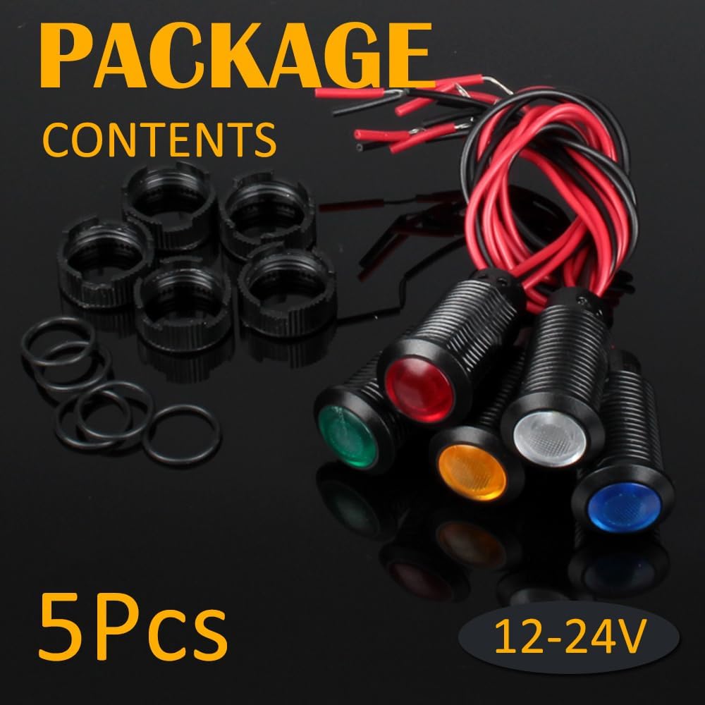 5pcs 12mm 12V-24V LED Indicator Light Plastic Black Signal Dot Lamp 12V-24V 1/2 inches Mounting Hole Size with 15cm/5.9in. Wire (Mix:Red White Yellow Blue Green)