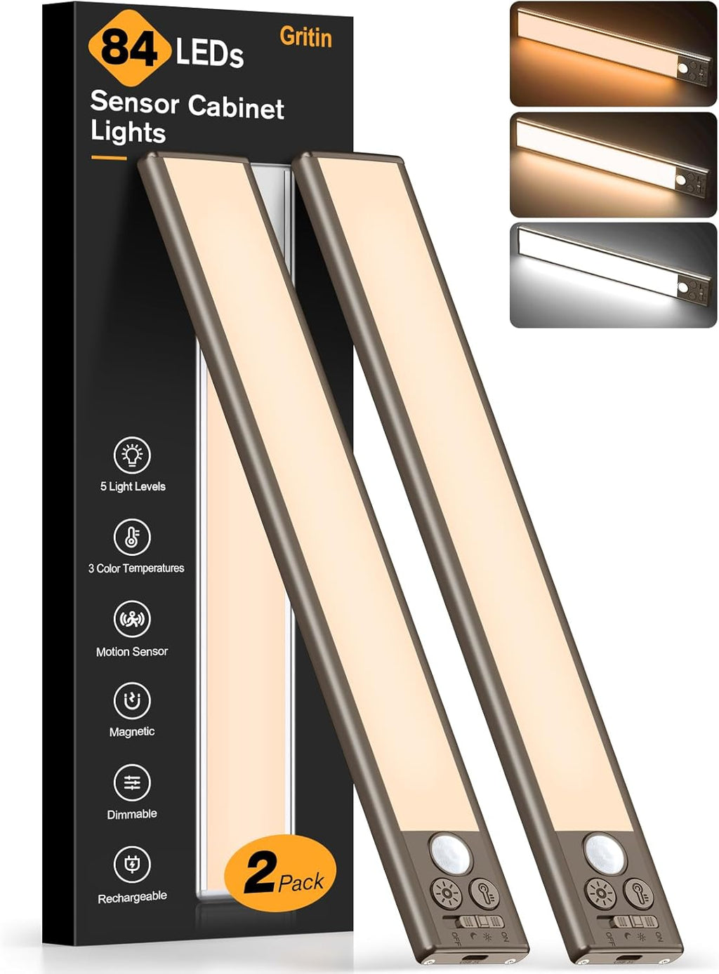 Gritin 10.2inch Under Cabinet Lighting Rechargeable -84 LED Super Bright,3-Color& 5 Level Brightness,4 Modes,Motion Sensor, Long Lasting- Easy Installation Magnetic Closet Lights -2 Pack-Bronze