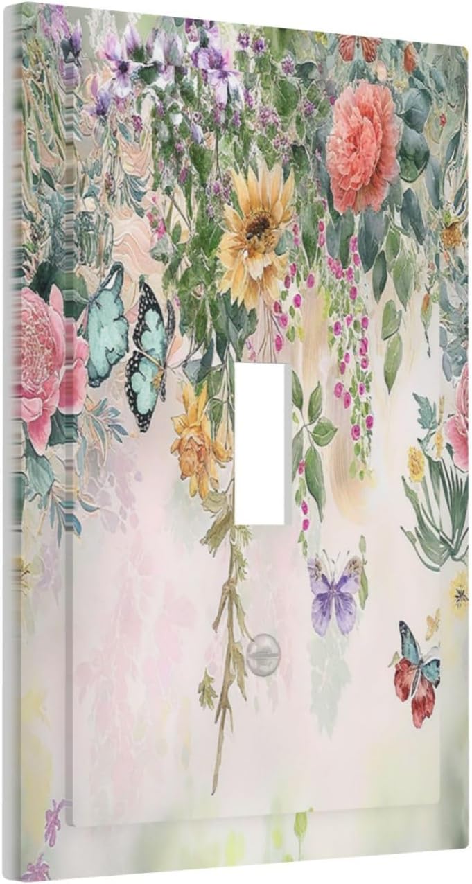 Rustic Floral Watercolor Flower Blossom Butterfly Single Toggle Light Switch Cover plate Outlet Cover Decorative Switchplate Wall Plates Electrical Panel Cover for Bathroom Living Room 5 X 3 IN