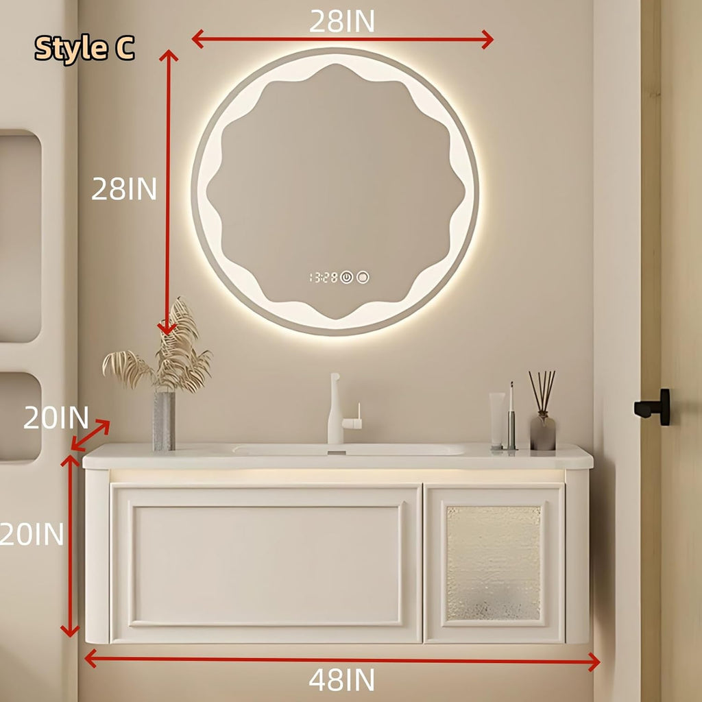 48IN Wall Mounted Bathroom Vanity Set - Wood Bathroom Vanities has Tissue Hole Design | Includes Smart Defogging Mirror Cabinet & Time Display, Rounded Corners, Glass Cabinet Doors (Style C)