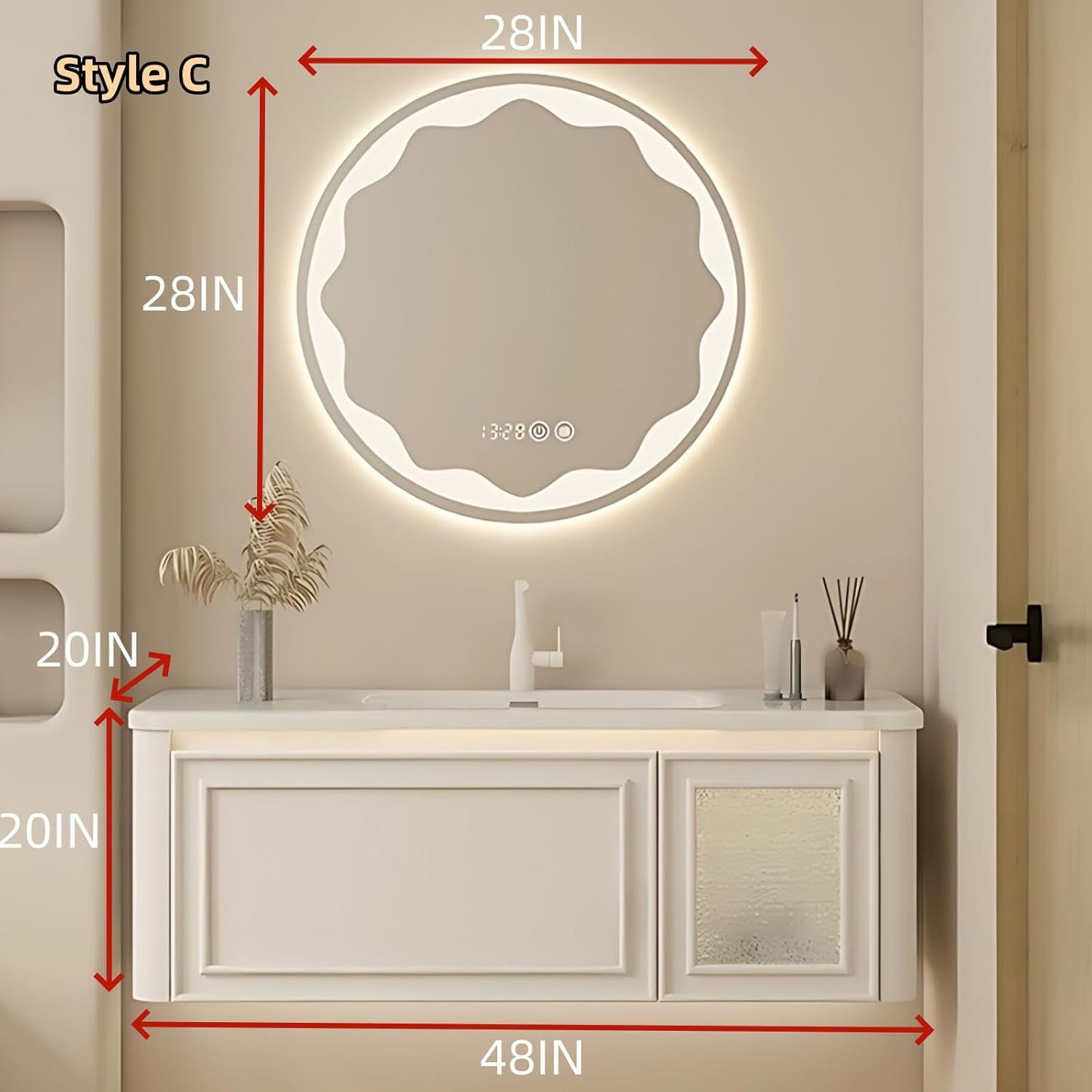 48IN Wall Mounted Bathroom Vanity Set - Wood Bathroom Vanities has Tissue Hole Design | Includes Smart Defogging Mirror Cabinet & Time Display, Rounded Corners, Glass Cabinet Doors (Style C)