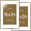 Homeforia 16 x 24 Bronze Frame, High End Metal 16x24 Brass Picture Frames with Mat 12x18 Photo, 16 x 24 Poster Frames Matted to 12 by 18 Print, 24x16 Hanging Frames, Tempered Glass, Wall Kit, Set of 2