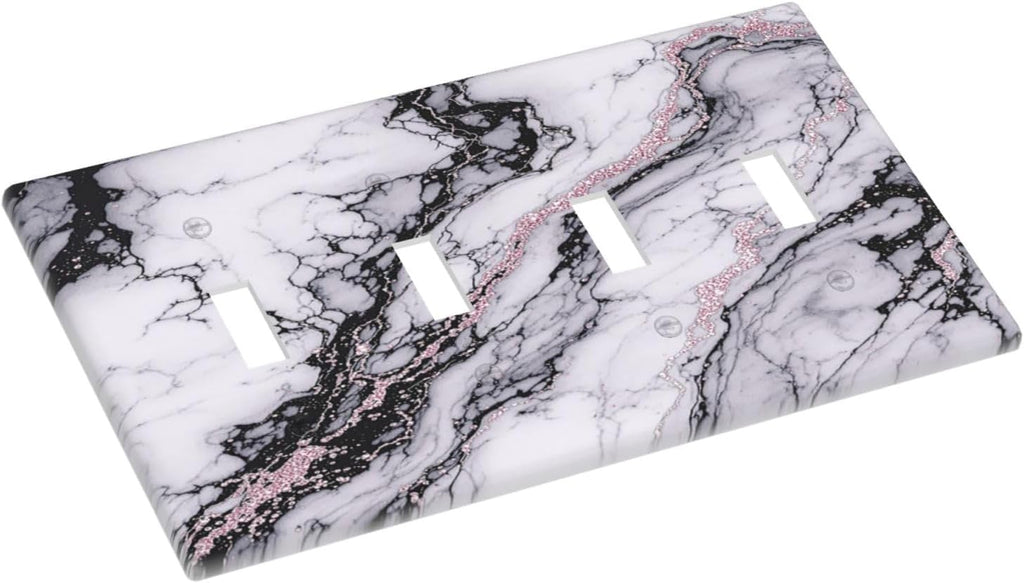 Light Switch Covers White Marble Pattern Black Lines Pink Lines Quad Toggle Electrical Faceplate 4 Gang Wall Plate Decorative Switch Plates for living Room Office Decor