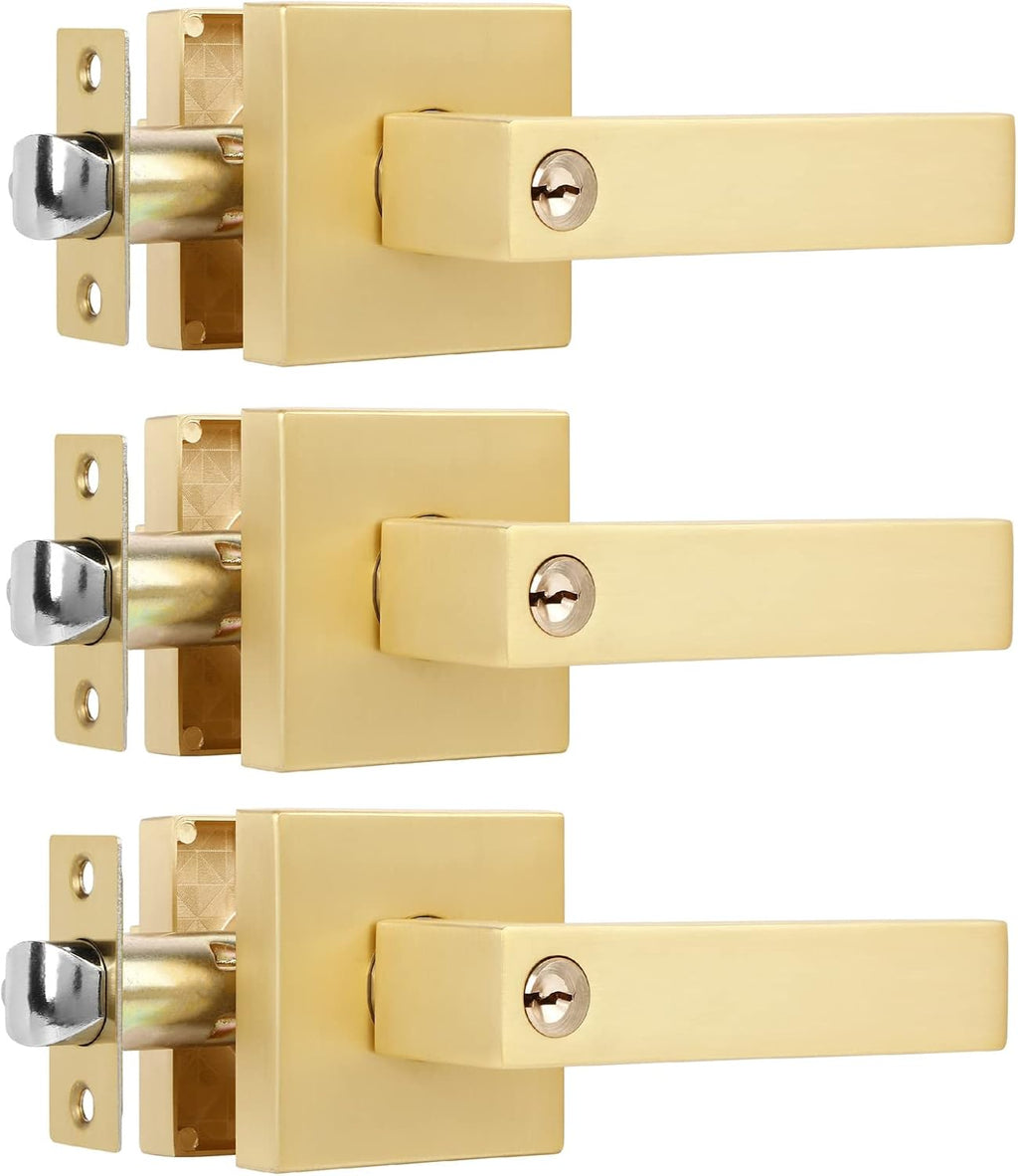 3 Pack Square Gold Door Handle with Key Heavy Door Knobs Interior(Keyed Alike), Satin Brass Gold Door Handles with Lock and Keys for Interior/Exterior/Front Doors