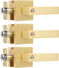 3 Pack Square Gold Door Handle with Key Heavy Door Knobs Interior(Keyed Alike), Satin Brass Gold Door Handles with Lock and Keys for Interior/Exterior/Front Doors