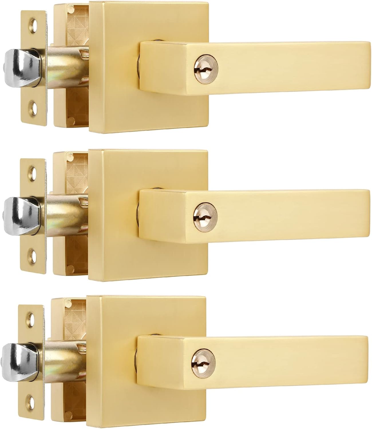 3 Pack Square Gold Door Handle with Key Heavy Door Knobs Interior(Keyed Alike), Satin Brass Gold Door Handles with Lock and Keys for Interior/Exterior/Front Doors