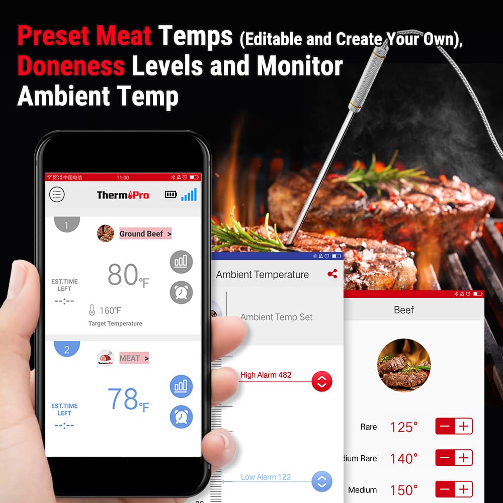 ThermoPro TP25 650FT Bluetooth Meat Thermometer with 4-Probes, Smart Rechargeable Wireless Meat Thermometer for Grilling, Smoker, Oven, Kitchen, BBQ Thermometer with Alarm, Temperature Graph, Black