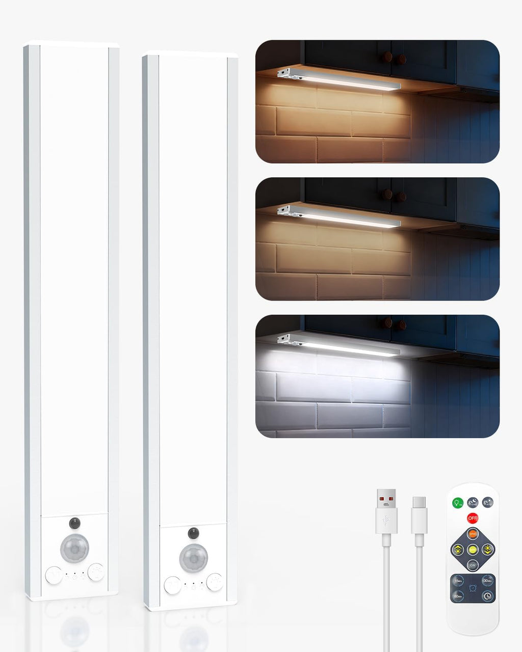 Under Cabinet Lighting Wireless with Remote, Rechargeable Under Cabinet Lights, 9 Inch Motion Sensor Cabinet Light Indoor, 3 Color Temps & Dimmable LED Lights for Kitchen, Closet, Hallway, 2-Pack