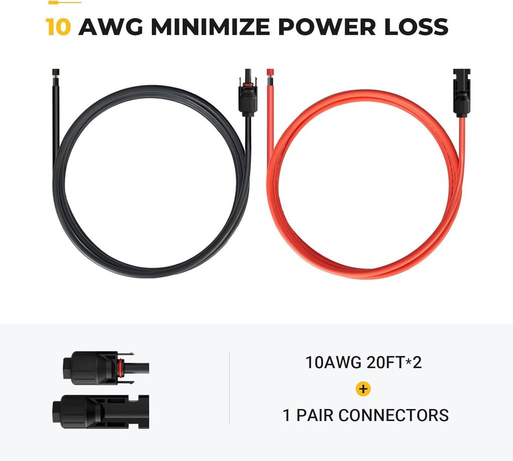 BougeRV 20 Feet 10AWG Solar Extension Cable with Female and Male Connector with Extra Pair of Connectors Solar Panel Adaptor Kit Tool (20FT Red + 20FT Black)