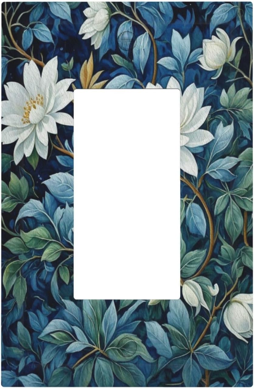 White Flowers Green Leaves Single Decora Outlet Wall Plate 1 Gang Rocker Decorative Switchplate Faceplate GFCI Light Switch Covers for Home Living Decor