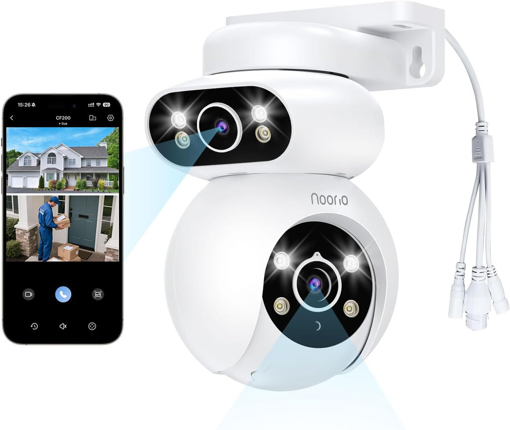 Noorio Dual Lens 2K Security Camera Outdoor, Outside Cameras for Home Security Plug-in, Auto Tracking 360° PTZ, Color Night Vision, 24/7 Recording, 2.4G WiFi Only