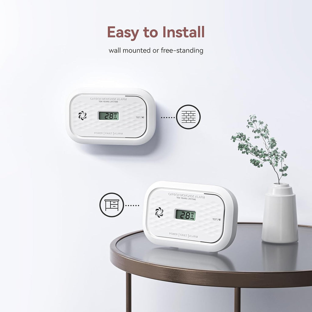 2 Pack Carbon Monoxide Detectors,10 Year Battery Carbon Monoxide Alarm, CO Detector with LCD Display, 3 LED Lights CO Alarm for Home
