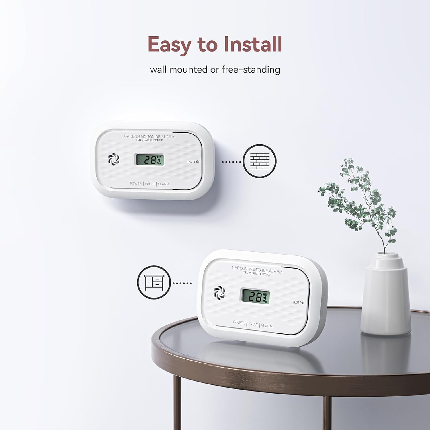 2 Pack Carbon Monoxide Detectors,10 Year Battery Carbon Monoxide Alarm, CO Detector with LCD Display, 3 LED Lights CO Alarm for Home