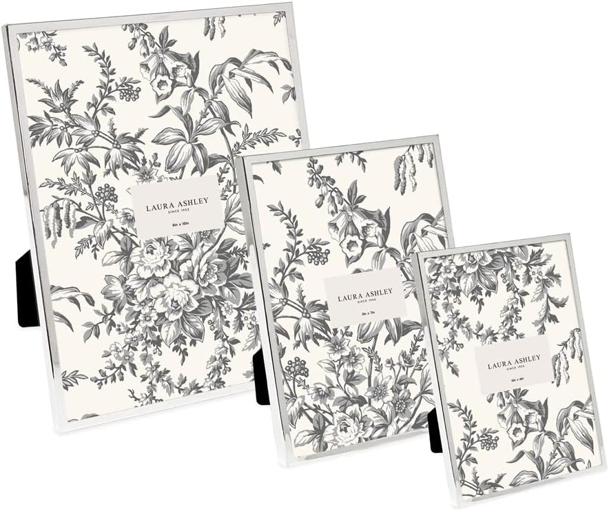 Laura Ashley 4x6 Silver Flat Metal Picture Frame (Vertical & Horizontal) w/Two-Way Easel Stand, Black Velvet Backing, Wall-Mountable, Made for Tabletop, Desk, Wall Display, Home Décor (4x6, Silver)