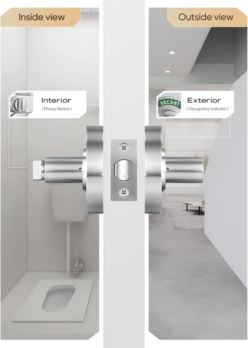 Leydebong Bathroom Privacy Indicator Handle Lock, Large in-USE or Vacant Indicator, Commercial Grade Bathroom Door Lock Handle with Occupancy Indicator