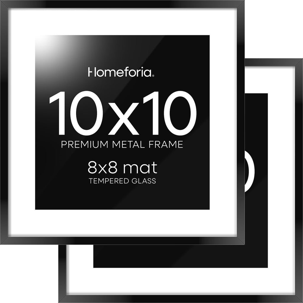 Homeforia 10x10 Black Picture Frame, High End Metal 10 by 10 Square Frames with Mat 8 x 8 Opening, 10by10 Poster Frames Matted to 8x8 Photo, Wall or Tabletop Frames, Tempered Glass, Wall Kit, Set of 2