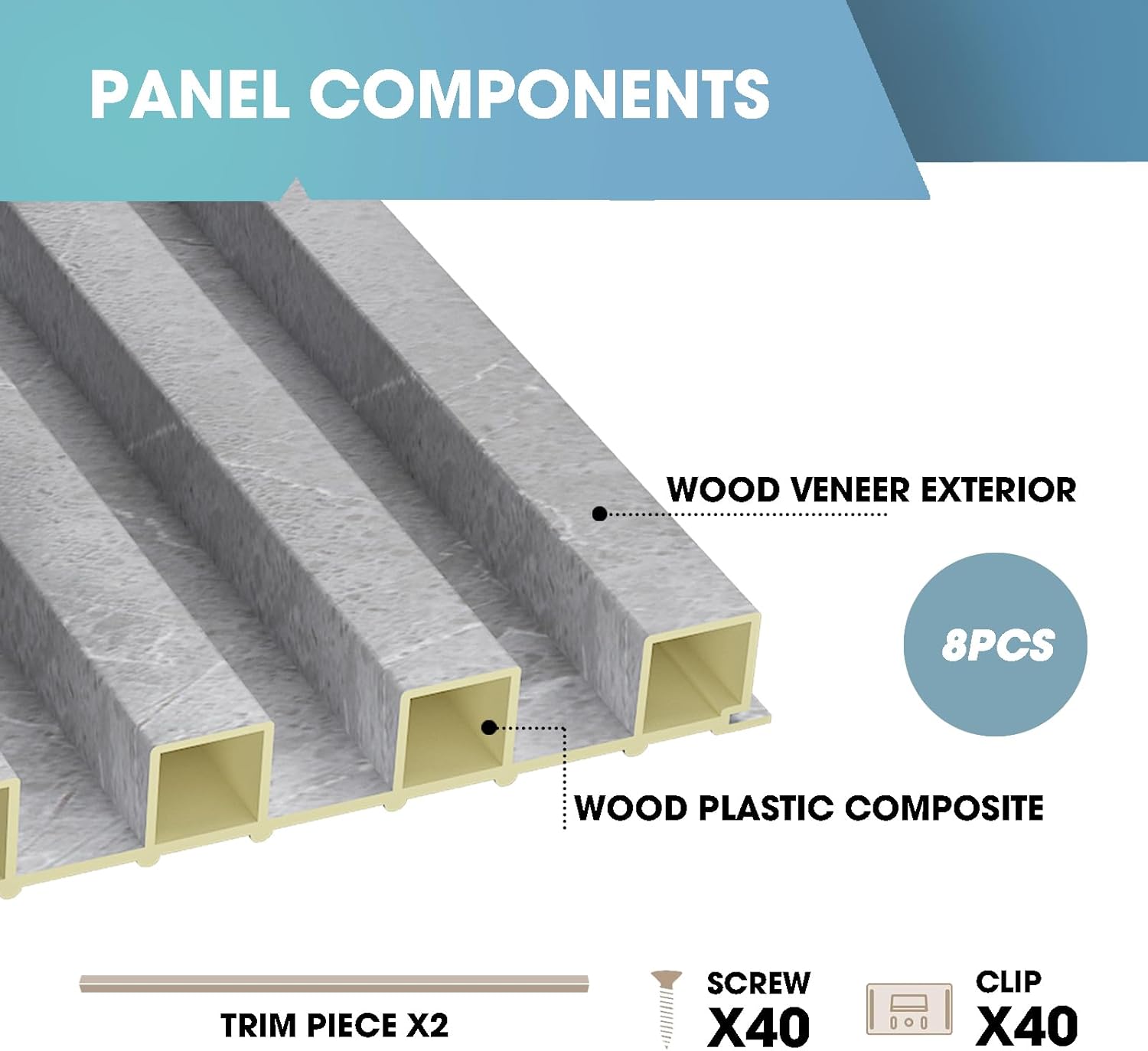 OUZUGIE WPC Acoustic Slat Wall Paneling, 8-Pack 114 x 6 Inches 3D Wall Panels for Interior Wall Decor,Living Room,TV Background,Study Room,Office Spaces,Bedroom,High Grille (Gray Marble)