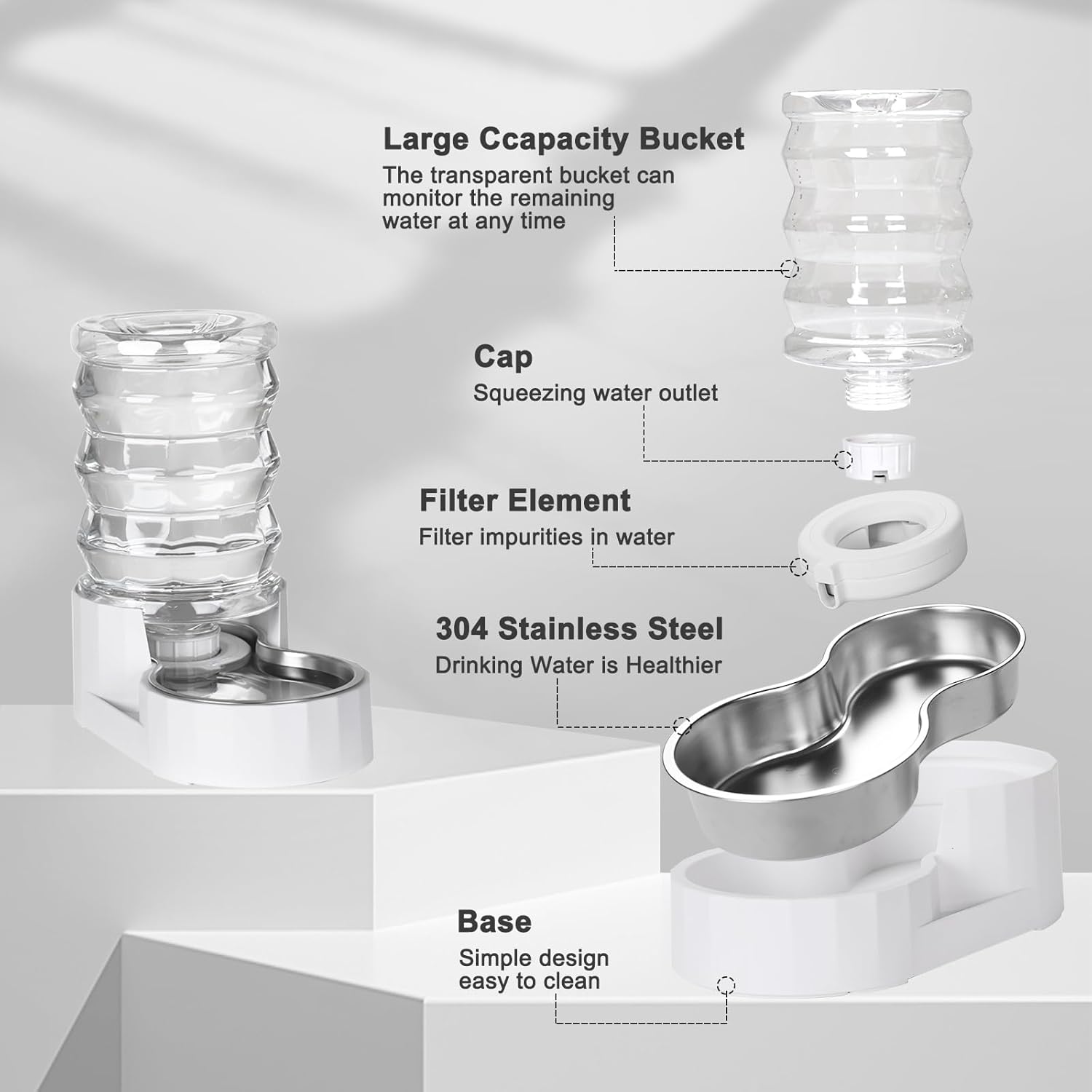 RIZZARI Pet Water Bowl Dispenser: 4L Automatic Stainless Steel Gravity Feeder with Specialized Brush and Triple Filter - Large Capacity for Cats and Dogs with Joint Spine Pain - for Kitchen Bedroom