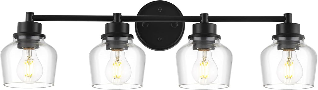 Emak 4-Light Bathroom Vanity Light, 29 Inch Black Bathroom Light Fixtures Over Mirror with Clear Glass Shade, Modern Farmhouse Vanity Lights for Mirror, Bath, VL122-BK-CG-4