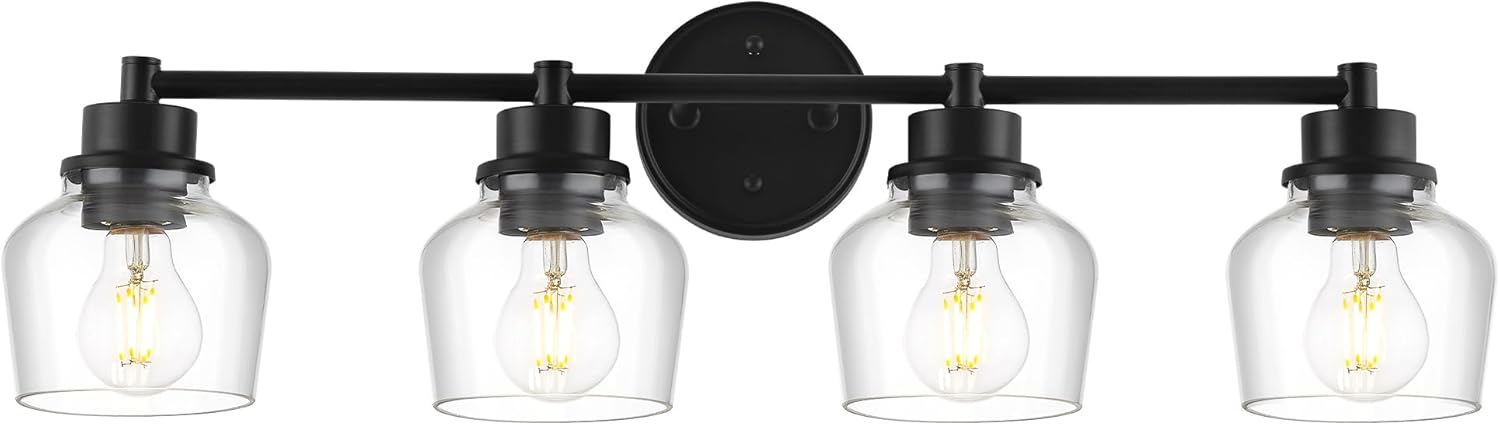 Emak 4-Light Bathroom Vanity Light, 29 Inch Black Bathroom Light Fixtures Over Mirror with Clear Glass Shade, Modern Farmhouse Vanity Lights for Mirror, Bath, VL122-BK-CG-4