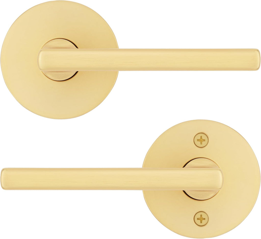 Kwikset Halifax Interior Passage Door Handle, Lever for Closet and Hallway Doors, Reversible Non-Locking Handle Lever, Satin Brass, with Microban Protection