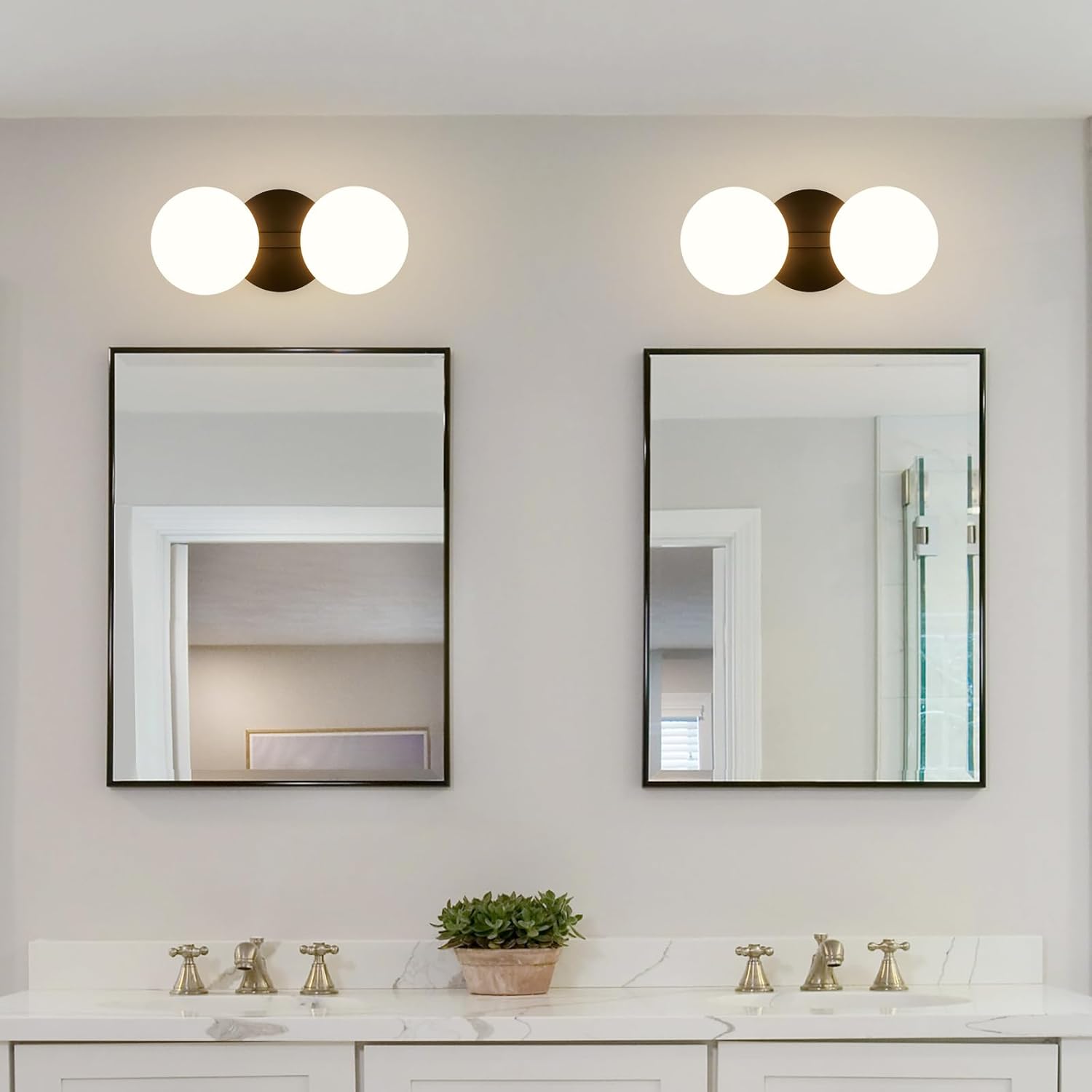 Black Bathroom Vanity Light Fixtures: Modern Wall Scones With 2 Milk Glass Shades - Globe Makeup Lighting Fixture over Mirror - Brass Ball Powder Room Vanities Lights for Hallway Bedroom Bulb Excluded