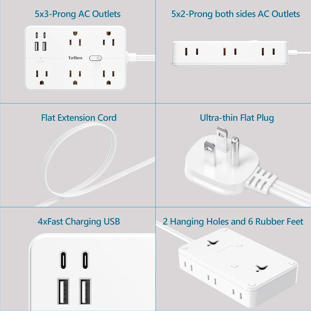 Surge Protector Power Strip 1 FT Flat Extension Cord ，10 AC Outlets & 4 USB Ports(5V/3.4A 17W), 1080J ，Wall Mountable Desktop Charging Station with Flat Plug for Office Supplies and Home, White