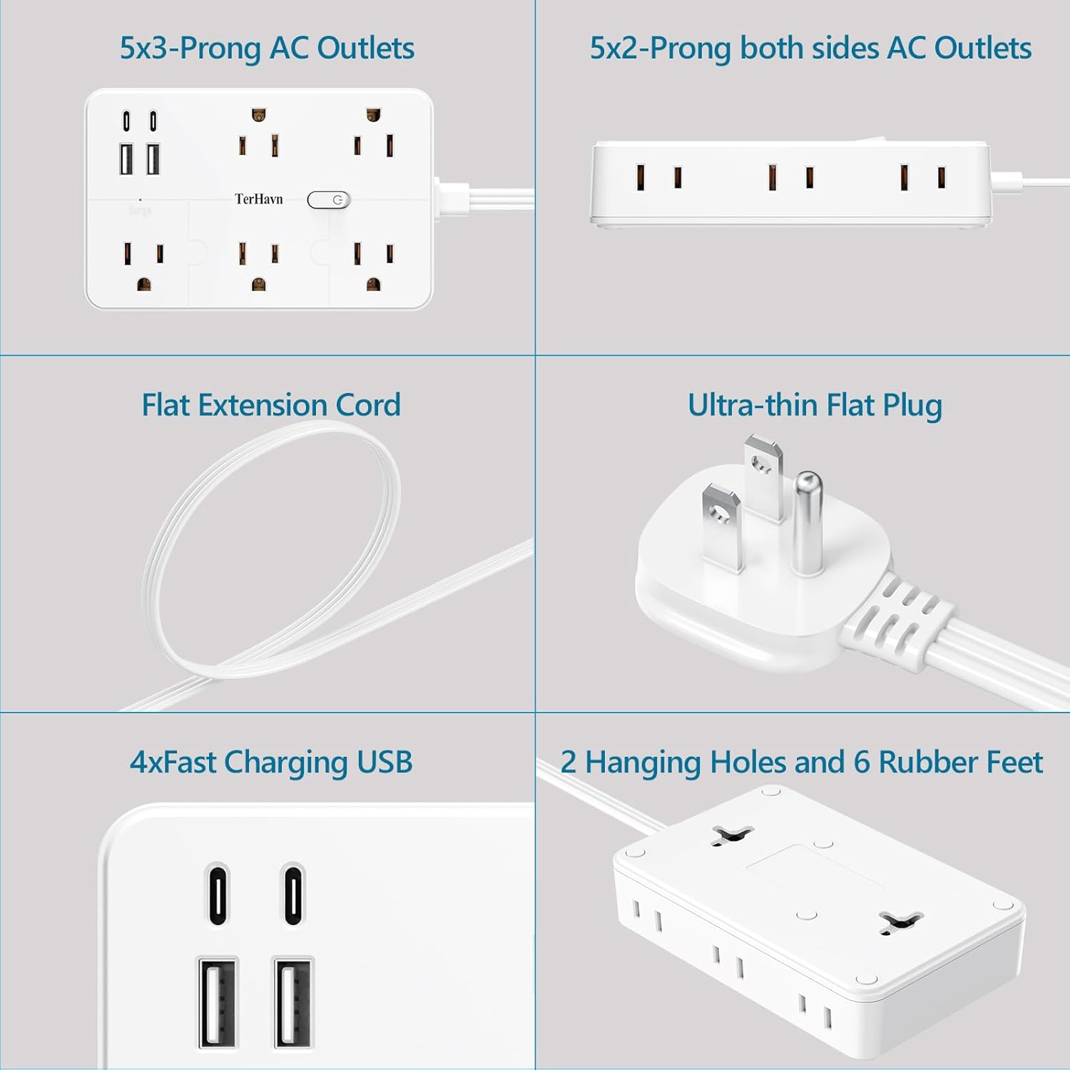 Surge Protector Power Strip 1 FT Flat Extension Cord ，10 AC Outlets & 4 USB Ports(5V/3.4A 17W), 1080J ，Wall Mountable Desktop Charging Station with Flat Plug for Office Supplies and Home, White