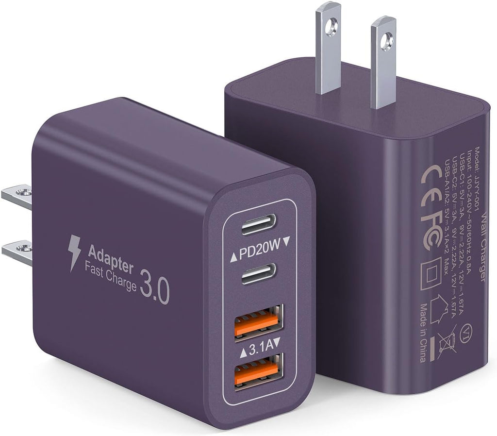 [2Pack] 40W USB C Plug,4-Port Fast Charger Block PD+QC 4 Port Charger Cube Wall Charging Box Brick for Samsung Galaxy S22/S21+/S21 Ultra,Magsafe Wireless Charger,iPhone 17/16/16 Pro Max/15/14(Purple)
