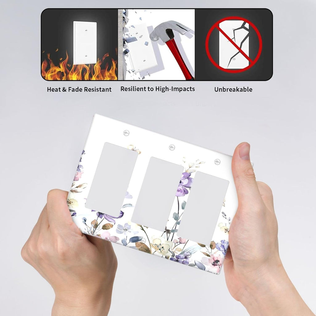 Light Switch Covers Purple Floral Lilac Watercolor Flower Leaves Butterfly Wildflower 3 Gang Rocker Electrical GFCI Decorative Triple Outlet Wall Plate Cover Switchplate for Bedroom Home