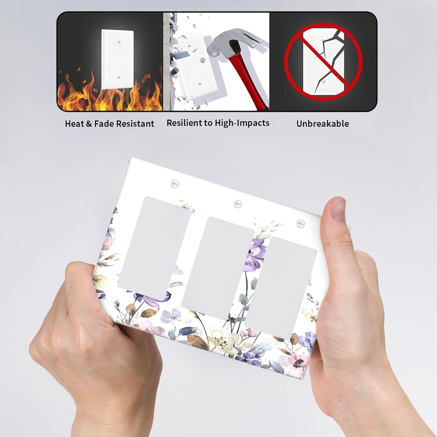 Light Switch Covers Purple Floral Lilac Watercolor Flower Leaves Butterfly Wildflower 3 Gang Rocker Electrical GFCI Decorative Triple Outlet Wall Plate Cover Switchplate for Bedroom Home