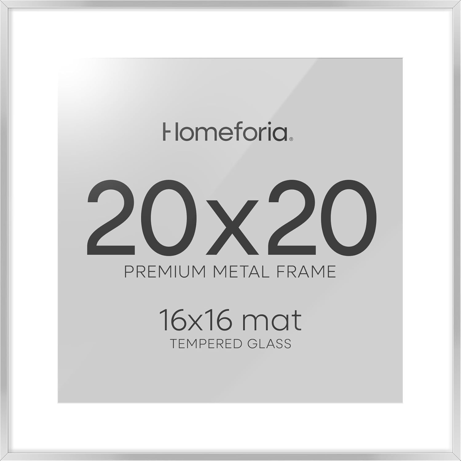 Homeforia 20x20 Silver Picture Frame, High End Metal 20 x 20 Square Frame with Mat 16 x 16 Photo, 20x20 Poster Frames Matted to 16x16 Print, 20 by 20 Hanging Frames, Tempered Glass, Wall Kit, Set of 1