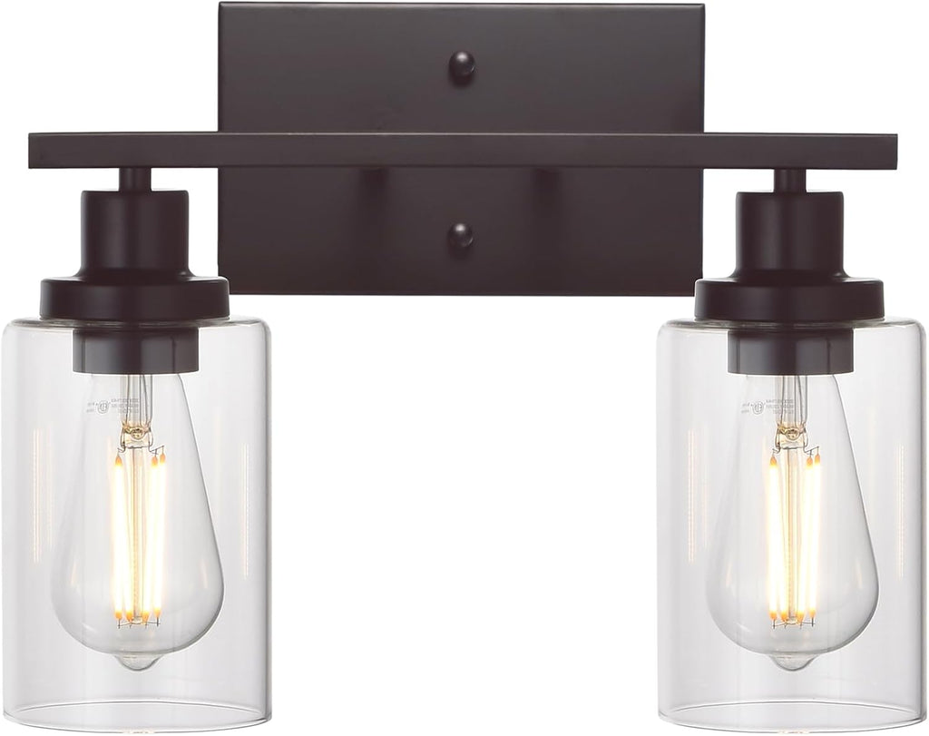 MELUCEE 2-Light Industrial Bathroom Lighting Oil Rubbed Bronze with Clear Glass Shade, Porch Light Fixtures Wall Mount Sconces for Bedroom Living Room Kitchen (Patent No.: US D963914 S)