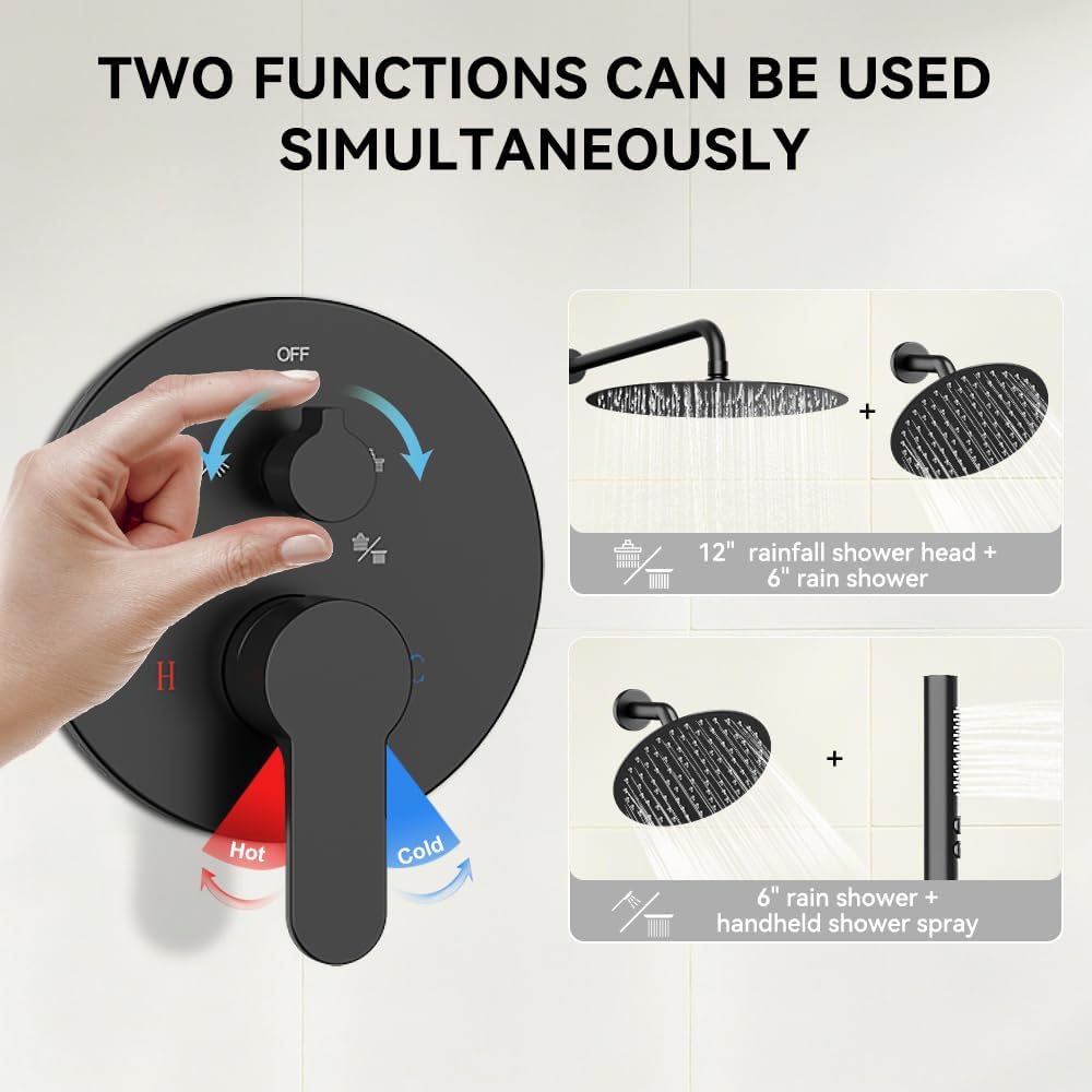 Shower Systems STARBATH 12+6" Round Dual Rainfall Shower Head with Handheld Spray for Two People, Wall Mounted 3 Way Rain Shower Faucet Sets Complete, Included Valve and Trim Kit, Matte Black