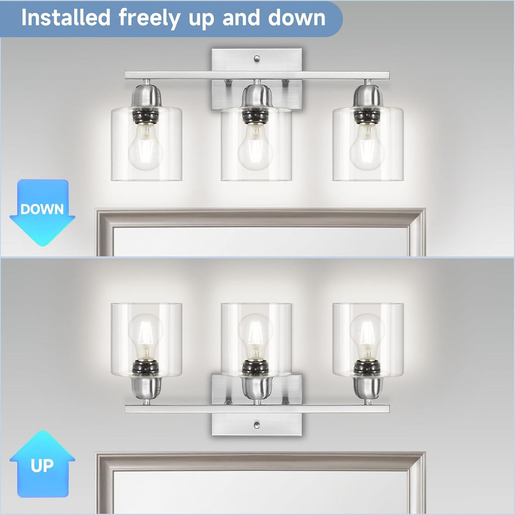 Modern Brushed Nickel 3 Light Bathroom Light Fixtures,19 inch Vanity Lights for Bathroom with Clear Glass Over Mirror for Mirror Kitchen Living Room