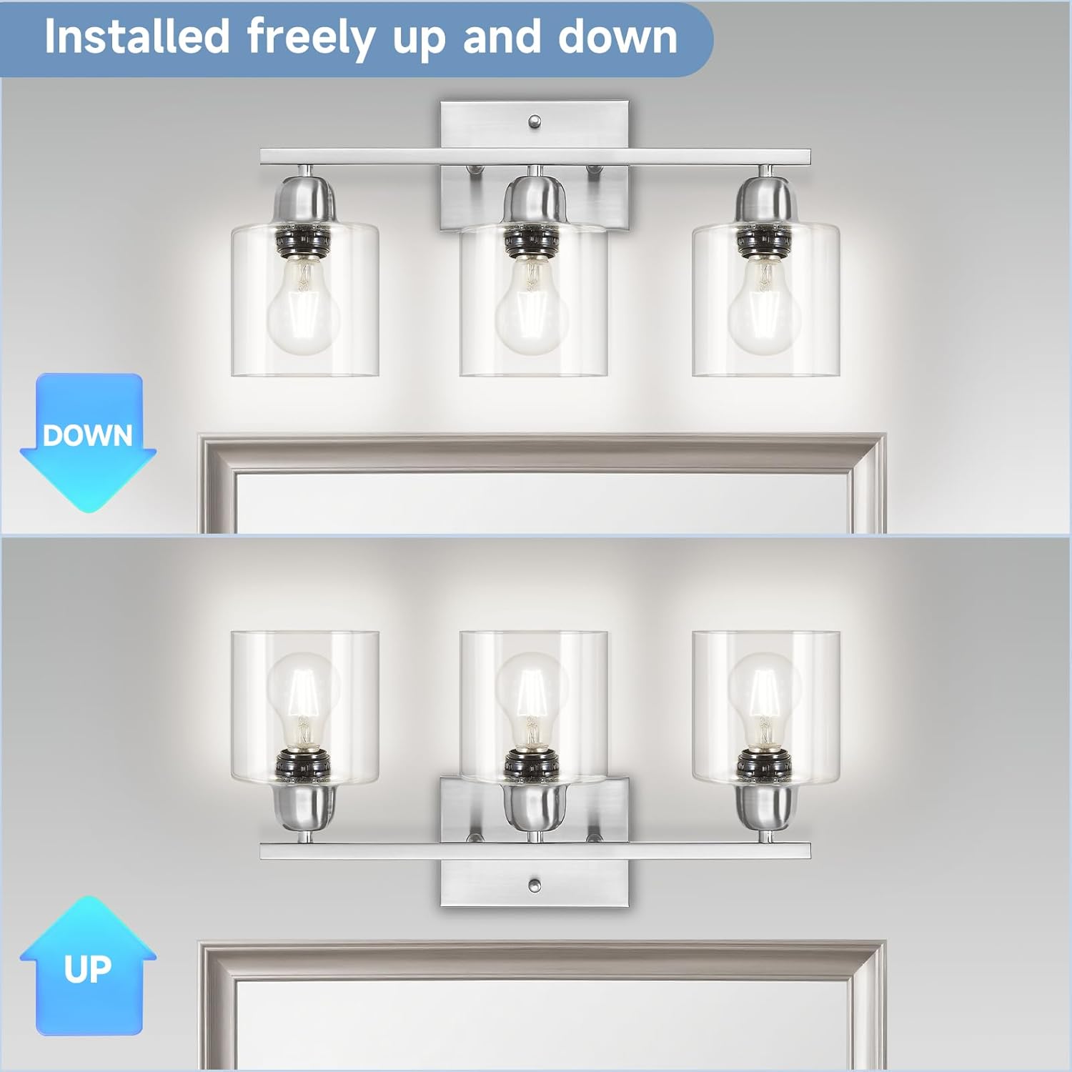 Modern Brushed Nickel 3 Light Bathroom Light Fixtures,19 inch Vanity Lights for Bathroom with Clear Glass Over Mirror for Mirror Kitchen Living Room