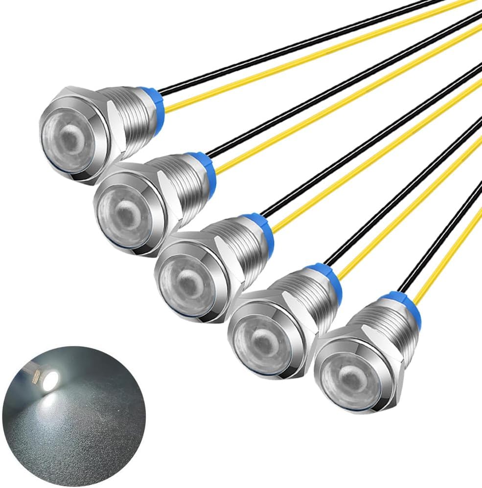 5pcs 10mm LED Metal Indicator Light 110V-220VAC Waterproof Signal Lamp (White)