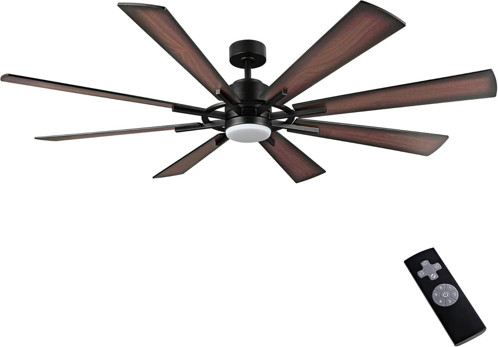 WINGBO 60" DC Ceiling Fan with Lights and Control, Matte Black Ceiling Fan with Walnut/Walnut Shadowed Reversible Blades, 6-Speed DC Motor, 8 Blade Wood Ceiling Fans for Kitchen Bedroom Living Room