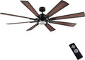 WINGBO 60" DC Ceiling Fan with Lights and Control, Matte Black Ceiling Fan with Walnut/Walnut Shadowed Reversible Blades, 6-Speed DC Motor, 8 Blade Wood Ceiling Fans for Kitchen Bedroom Living Room