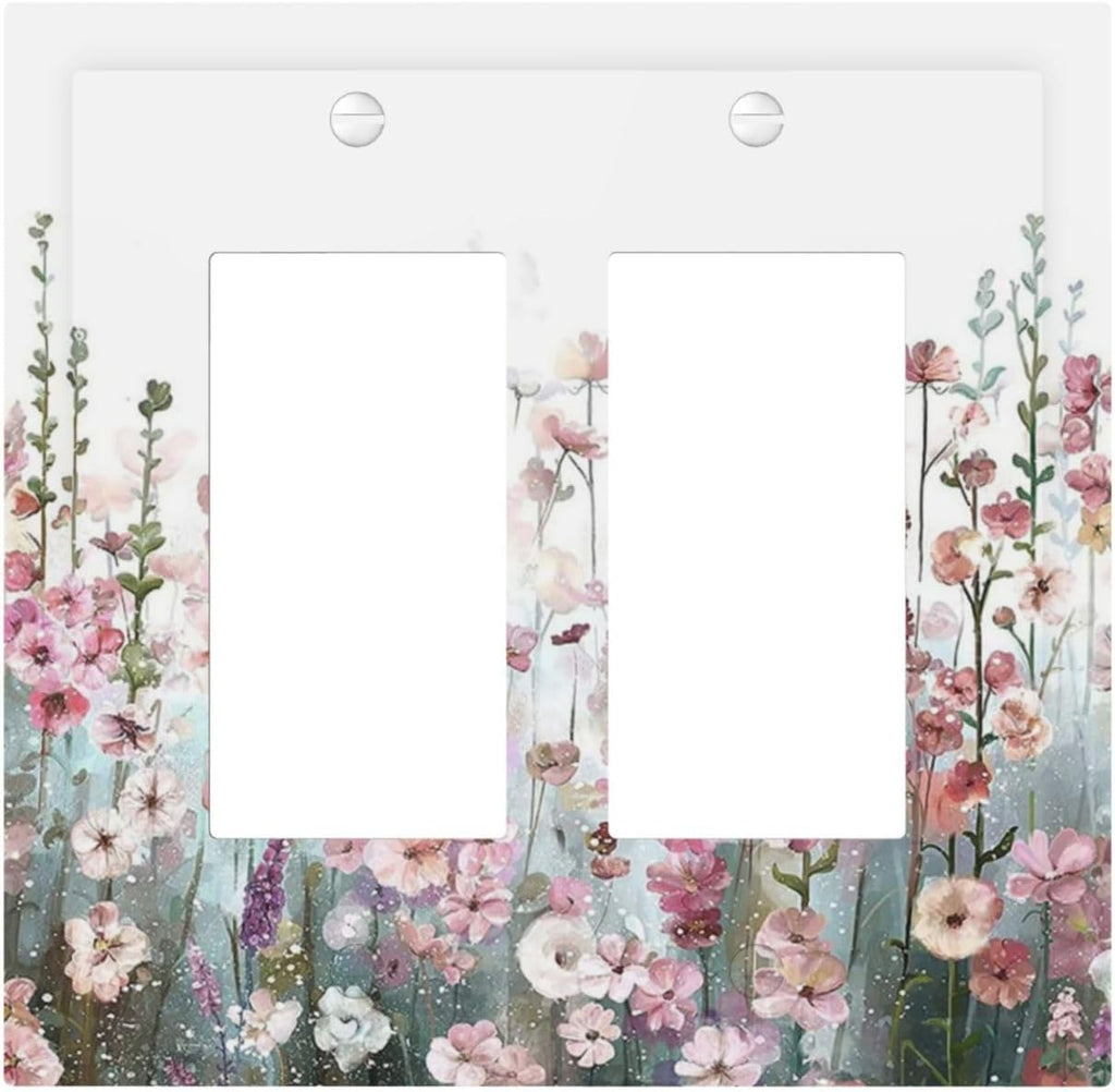 Colorful Flowers Pink Floral Watercolor Plant Decorative Outlet Covers 2 Gang Double GFCI Rocker Electrical Wall Panels Light Switch Cover Plate for Bed Room Living Room Decor