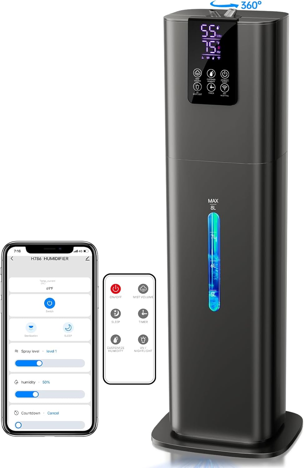 8L Smart Humidifier for Large Room Bedroom, Cover up to 505ft², Easy Top Fill, Remote & APP Control, Aroma Box, RGB Light, Last 48 Hours Suitable for Indoor Plant, Office, Home