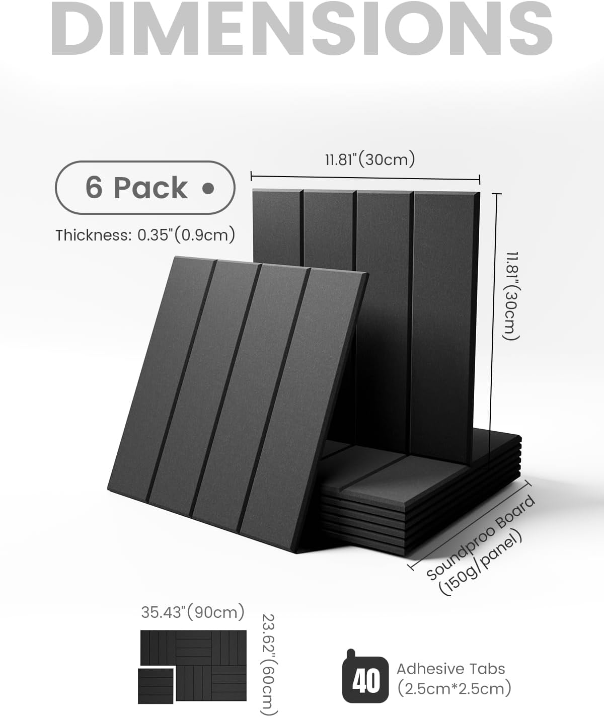 Felt Bulletin Board Tiles Large 36" x 24" Cork Board Alternative-6 Pack with 40 Adhesive Tabs, Thick Slat Wall Panels for Office Decor, Push Pin Board Wall Organizer Alternative - Black