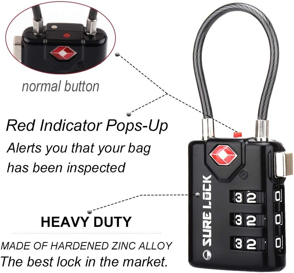SURE LOCK TSA Compatible Travel Luggage Locks, Inspection Indicator, Easy Read Dials TSA Approved with Zinc Alloy
