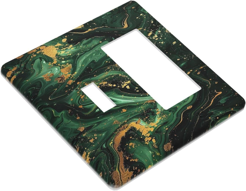 Green/Gold Modern Abstract Luxury Marble 2 Gang Combo 1 Toggle 1 Rcoker Light Switch Covers Decorative Switch Plates Electrical Switch Plates and Outlet Covers for Home Art Decor 4.5 X 4.5 IN