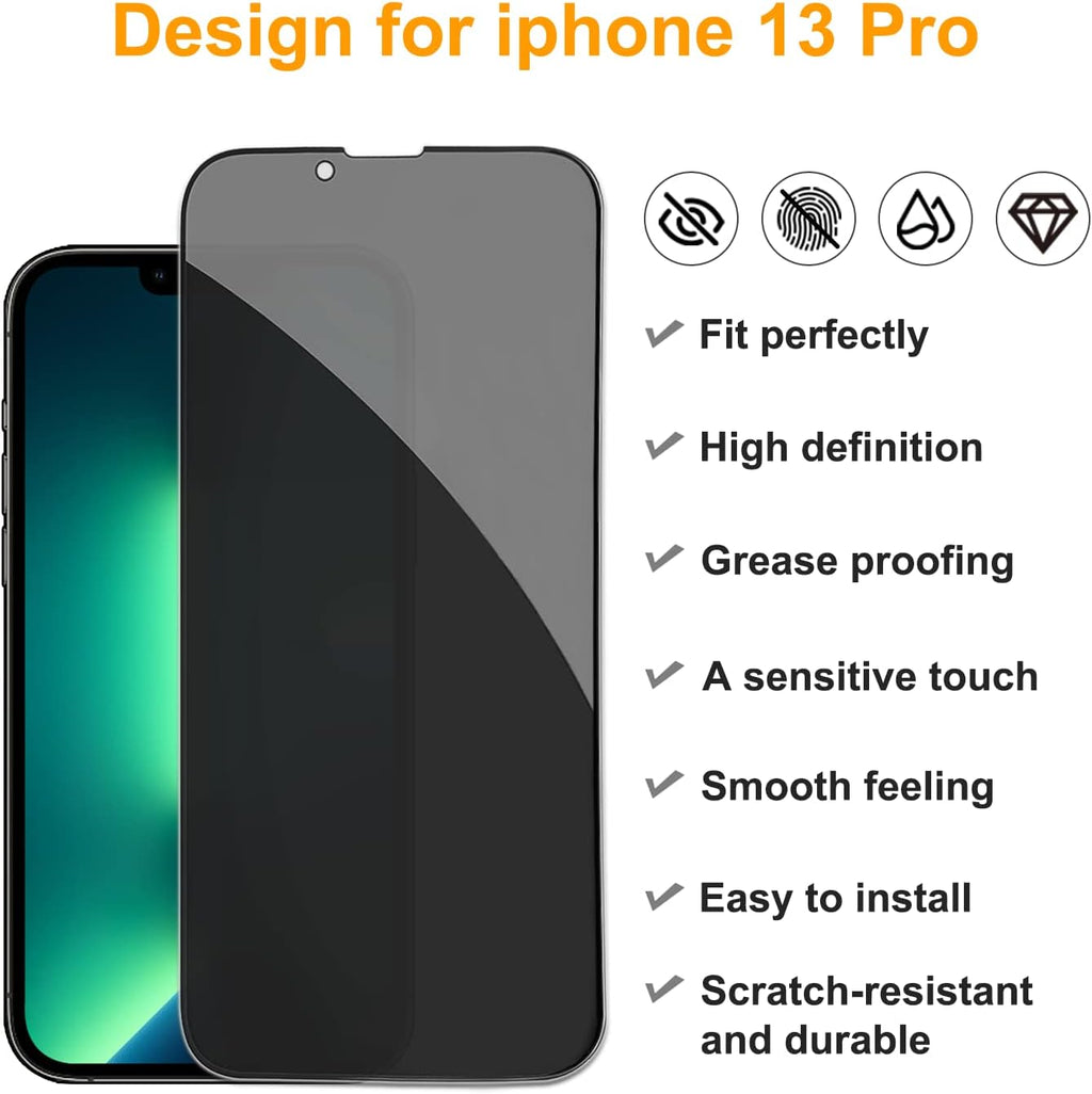 PEHAEL 2+2Pack for iPhone 13 Pro Privacy Screen Protector with Camera Lens Protector Full Coverage AntiSpy Tempered Glass Film 9H Hardness Easy Installation Bubble Free [6.1 inch]