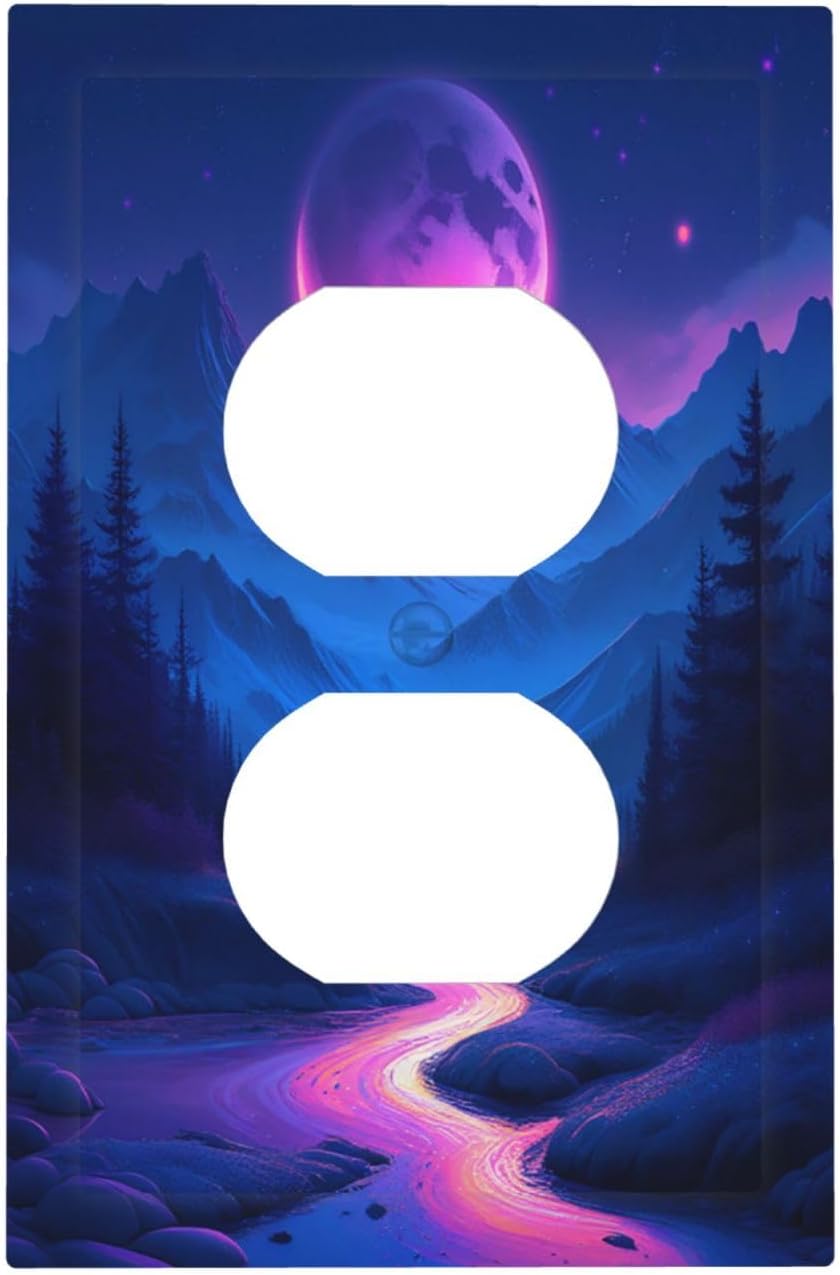Purple Cyberpunk River Full Moon Mountain Forest Outlet Covers 1 Gang Duplex Light Switch Cover Wall Plate Decorative Switch Plates Electrical Receptacle Faceplate for Bedroom Bathroom Decor