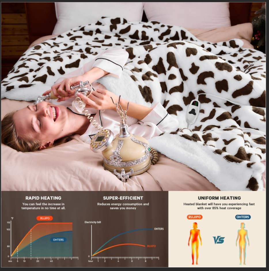 Cow Print Heated Electric Blanket Twin,62X84 Brown Heating Blanket with 10 Heats Levels & 8 Hours Auto Off,Cute Cow Decor Fleece Sherpa Blankets Warmer Gifts for Women Couch Office,Washable