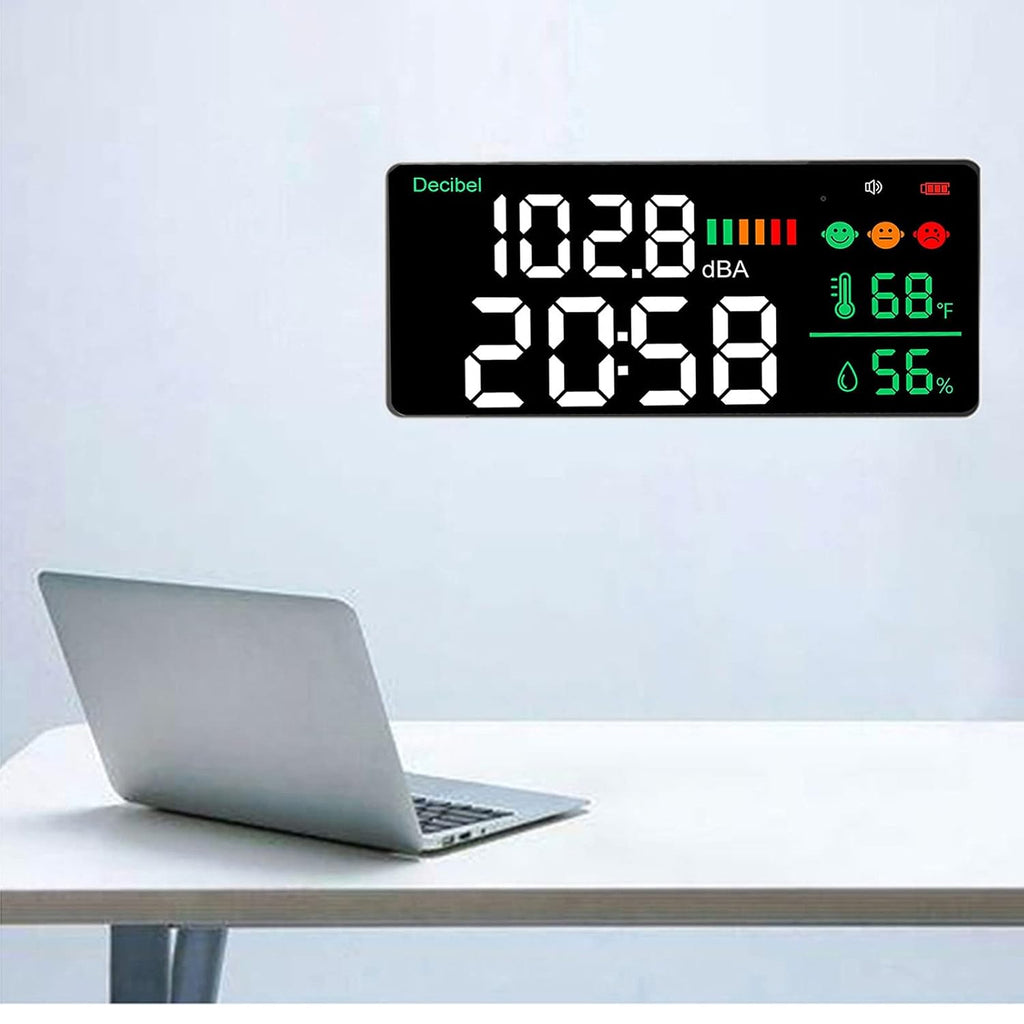Decibel Meter 11 Inch LED Screen, Wall Mounted Sound Level Reader 30 to 130db, Time Temperature Humidity Display - Sensor, Adjustable Brightness, Ideal for Noise